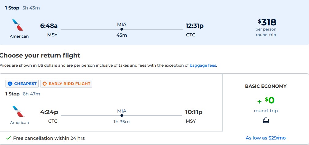 Cheap flights from New Orleans to Colombian cities from only $318 roundtrip with American Airlines. Flight deal ticket image.
