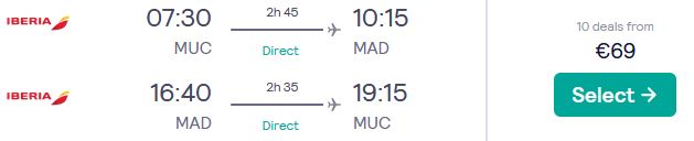 Error Fare Business Class, summer flights from Munich, Germany to Madrid, Spain for only €69 roundtrip with Iberia. Also works in reverse. Flight deal ticket image.