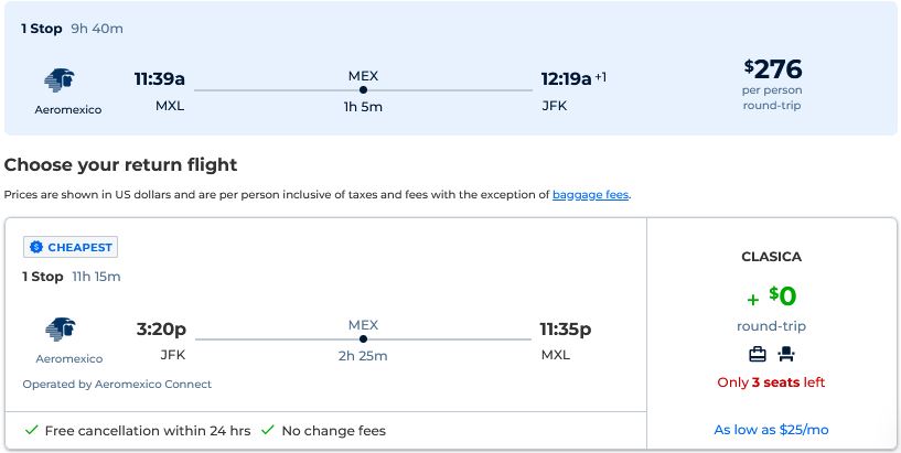 Click here to book this cheap flight deal. Cheap flights from Mexicali, Mexico to New York, USA for only $276 USD roundtrip with Aeromexico. Flight deal ticket image.
