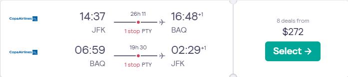 Cheap flights from New York to Colombian cities from only $272 roundtrip with Copa Airlines. Flight deal ticket image.
