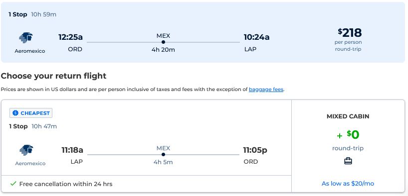 Click here to book this cheap flight deal. Cheap flights from Chicago to La Paz, Mexico for only $218 roundtrip with Aeromexico. Flight deal ticket image.
