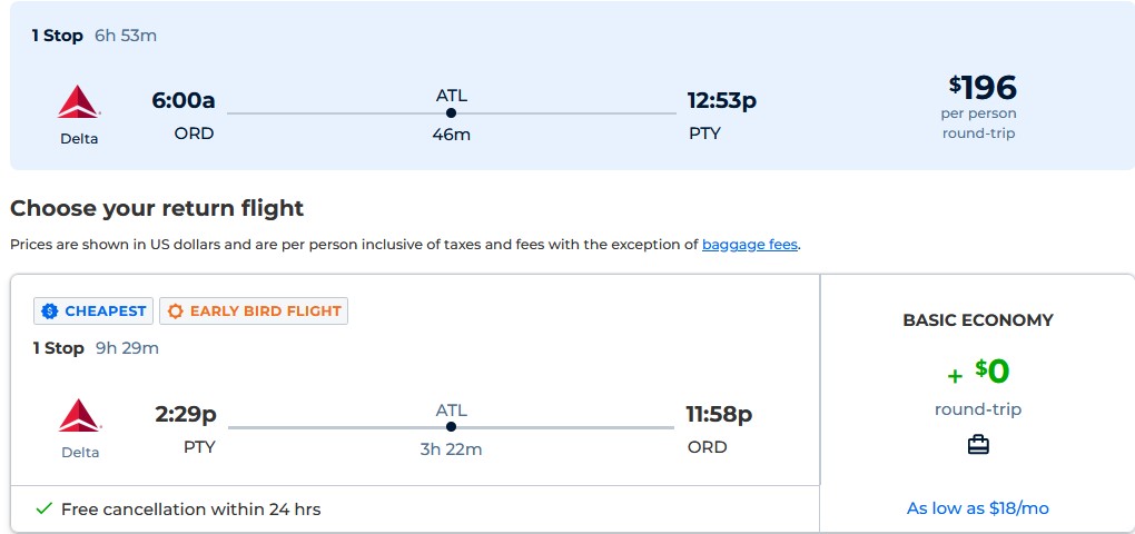 Click here to book this cheap flight deal. Summer flights from Chicago or Washington DC to Panama City, Panama for only $196 roundtrip with Delta Air Lines. Flight deal ticket image.