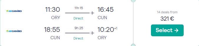 Non-stop flights from Paris, France to Cancun, Mexico for only €321 roundtrip. Flight deal ticket image.