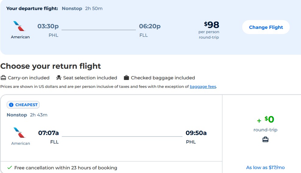 Non-stop flights from Philadelphia to Fort Lauderdale for only $98 roundtrip with American Airlines. Also works in reverse. Flight deal ticket image.