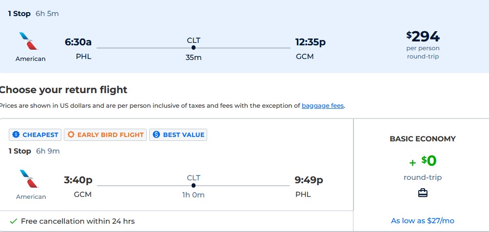 Cheap flights from Philadelphia to the Cayman Islands for only $294 roundtrip with American Airlines. Flight deal ticket image.