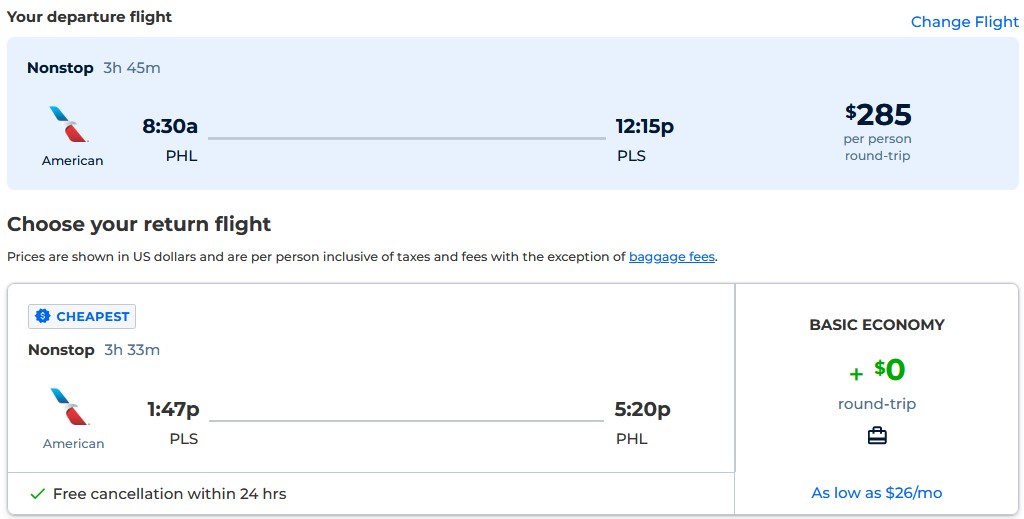 Non-stop flights from Philadelphia to Turks and Caicos for only $285 roundtrip with American Airlines. Flight deal ticket image.