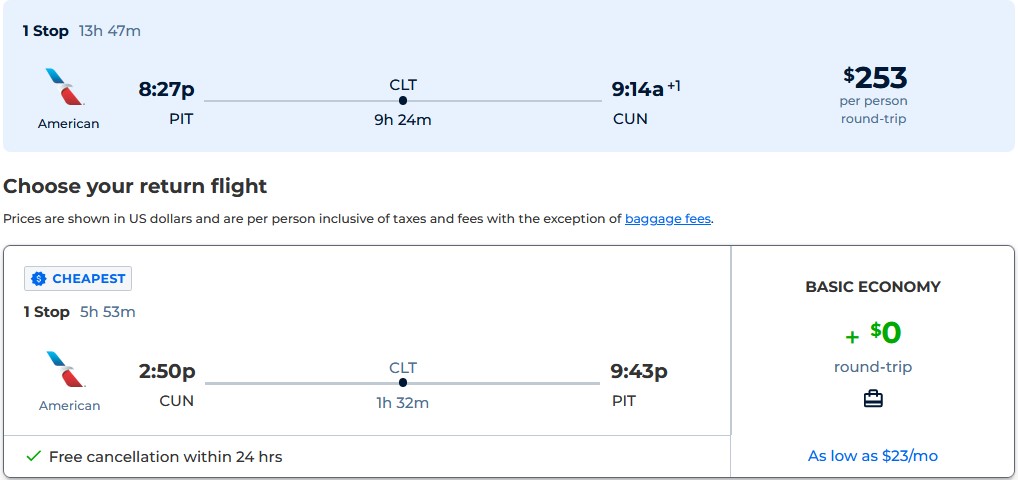 Cheap flights from Pittsburgh or Nashville to Cancun, Mexico from only $253 roundtrip with American Airlines. Flight deal ticket image.
