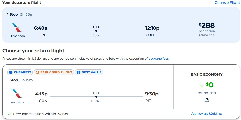 Cheap flights from Pittsburgh to Cancun, Mexico for only $288 roundtrip with American Airlines. Flight deal ticket image.