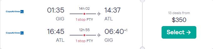 Summer flights from Rio de Janeiro, Brazil to Atlanta, USA for only $350 USD roundtrip with Copa Airlines. Flight deal ticket image.