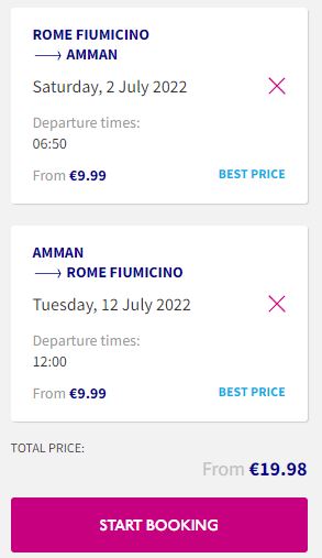 Non-stop flights from Rome, Italy to Amman, Jordan for only €19 roundtrip. Flight deal ticket image.