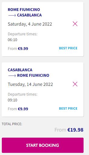 Non-stop flights from Rome, Italy to Casablanca, Morocco for only €19 roundtrip. Flight deal ticket image.