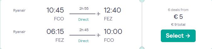 Non-stop flights from Rome, Italy to Fez, Morocco for only €5 roundtrip. Flight deal ticket image.