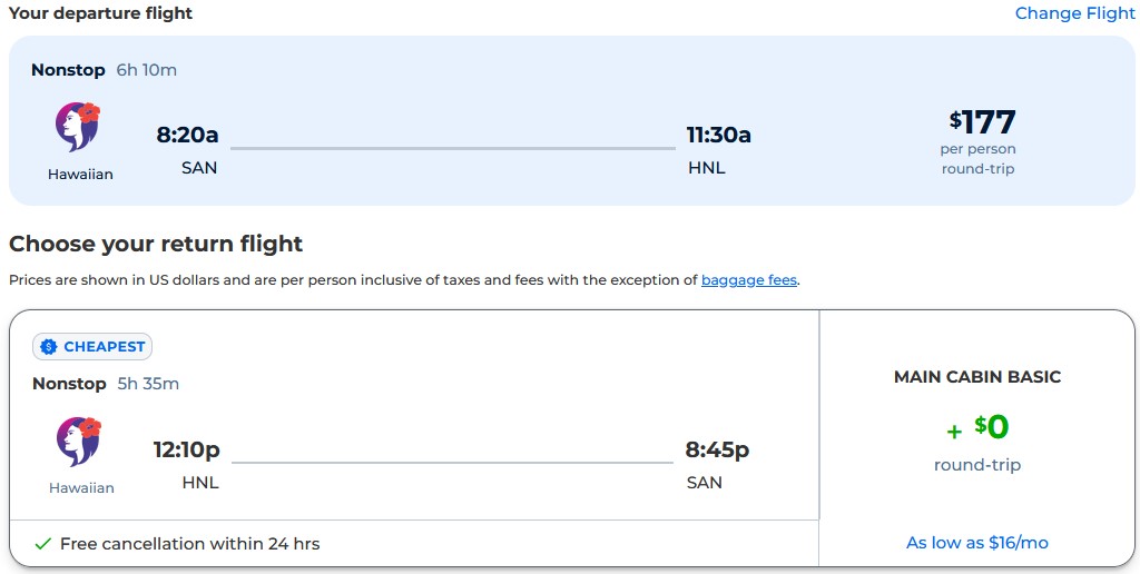 Non-stop flights from San Diego to Honolulu, Hawaii for only $177 roundtrip Hawaiian Airlines. Also works in reverse. Flight deal ticket image.