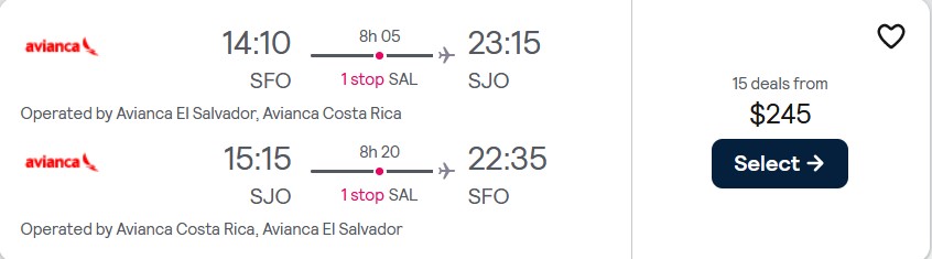 Summer flights from San Francisco to San Jose, Costa Rica for only $245 roundtrip with Avianca. Flight deal ticket image.