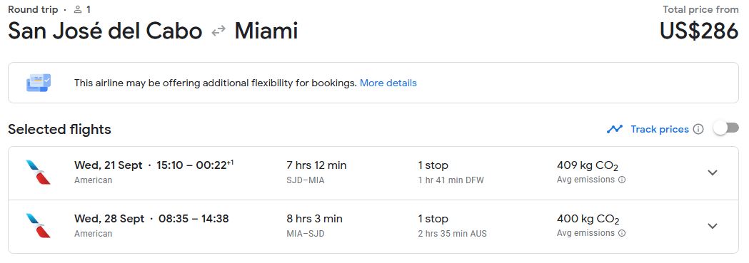 Cheap flights from San Jose del Cabo, Mexico to Miami, USA for only $286 USD roundtrip with American Airlines. Flight deal ticket image.