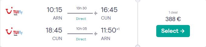 Non-stop, last minute flights from Stockholm, Sweden to Cancun, Mexico for only €388 roundtrip. Flight deal ticket image.
