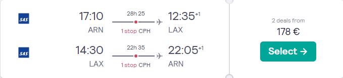 Cheap flights from Stockholm, Sweden to Los Angeles, USA for only €178 roundtrip with SAS. Flight deal ticket image.