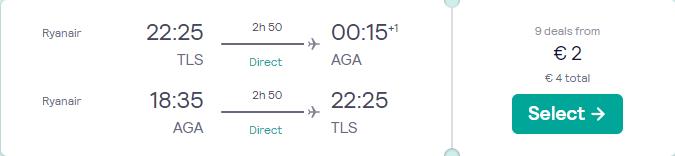 Non-stop flights from Toulouse, France to Agadir, Morocco for only €2 roundtrip. Flight deal ticket image.