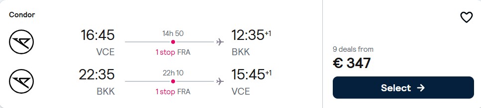 Click here to book this cheap flight deal. Cheap flights from Venice, Italy to Bangkok, Thailand for only €347 roundtrip. Flight deal ticket image.