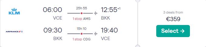 Click here to book this cheap flight deal. Cheap flights from Venice, Italy to Bangkok, Thailand for only €359 roundtrip with KLM and Air France. Flight deal ticket image.