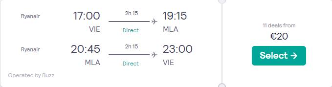 Click here to book this cheap flight deal. Non-stop flights from Vienna, Austria to Malta for only €20 roundtrip. Flight deal ticket image.