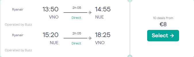 Non-stop flights from Vilnius, Lithuania to Nuremberg, Germany for only €8 roundtrip. Flight deal ticket image.