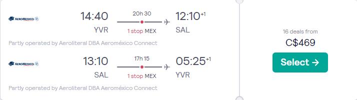 Summer flights from Vancouver, Canada to San Salvador, El Salvador for only $469 CAD roundtrip with Aeromexico. Flight deal ticket image.