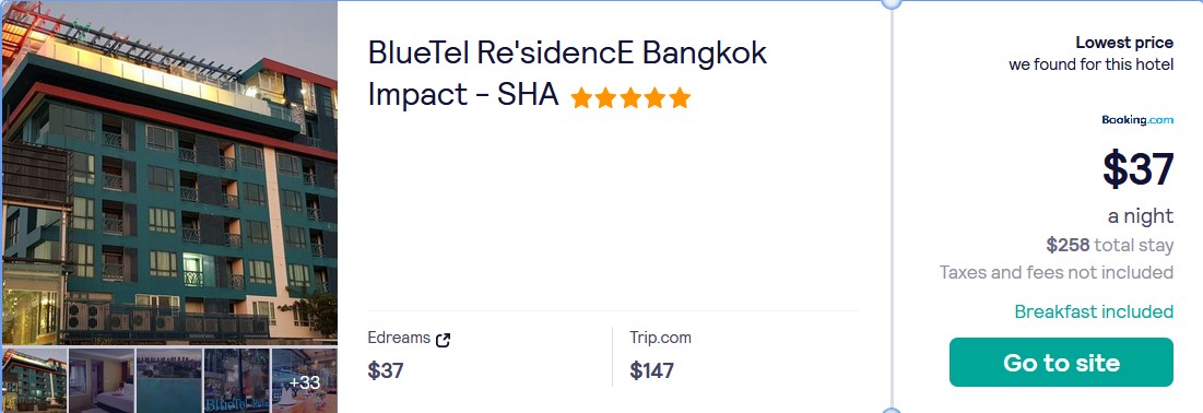 Stay at the 5* BlueTel Re'sidencE Bangkok Impact - SHA in Bangkok, Thailand for only $37 USD per night over Christmas and New Year. Flight deal ticket image.