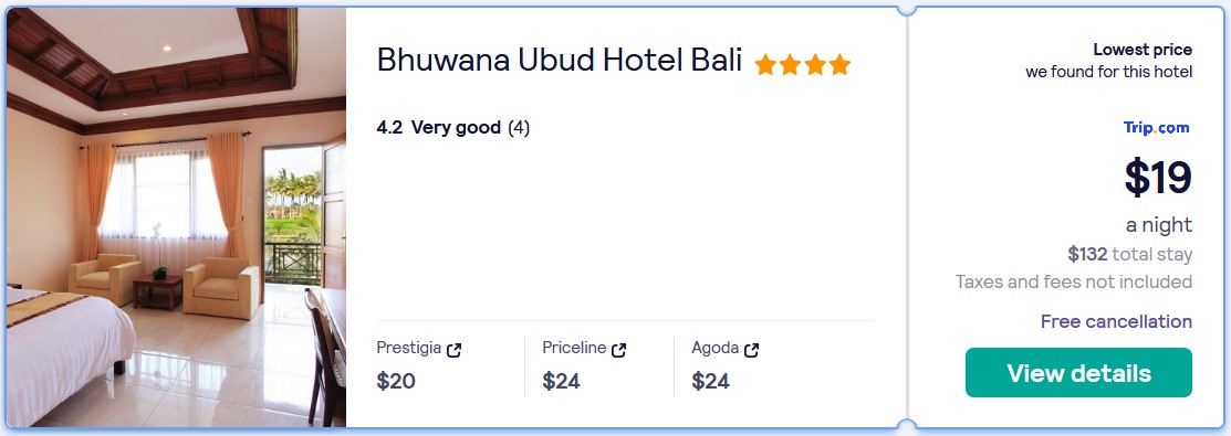 Stay at the 4* Bhuwana Ubud Hotel Bali in Bali, Indonesia for only $19 USD per night. Flight deal ticket image.