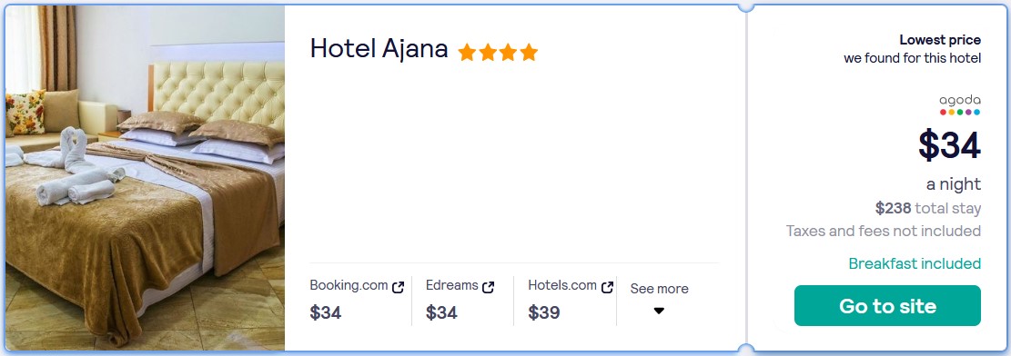 Stay at the 4* Hotel Ajana in Ulcinj, Montenegro for only $34 USD per night. Flight deal ticket image.