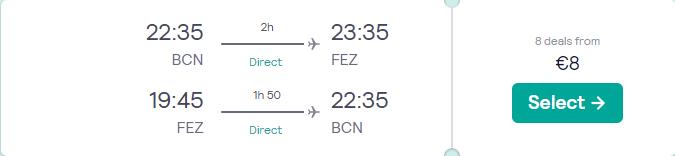 Non-stop flights from Barcelona, Spain to Fez, Morocco for only €8 roundtrip. Flight deal ticket image.