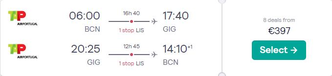 Click here to book this cheap flight deal. Cheap flights from Barcelona or Madrid, Spain to Rio de Janeiro, Brazil for only €397 roundtrip with TAP Air Portugal. Flight deal ticket image.