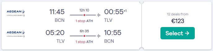 New Year flights from Barcelona, Spain to Tel Aviv, Israel for only €123 roundtrip with Aegean Airlines. Flight deal ticket image.