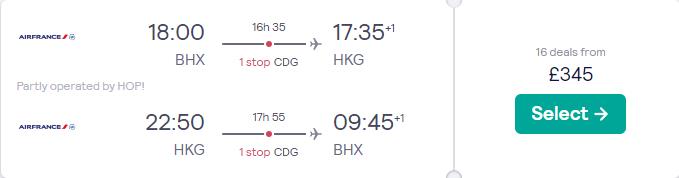 Cheap flights from UK cities to Hong Kong from only £345 roundtrip with Air France. Flight deal ticket image.