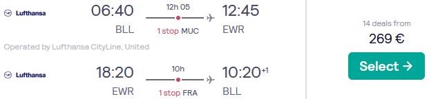Click here to book this cheap flight deal. Cheap flights from Billund or Copenhagen, Denmark to New York, USA from only €269 roundtrip with British Airways and American Airlines. Flight deal ticket image.