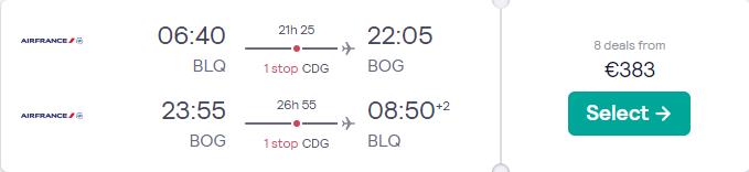 Cheap flights from Bologna, Italy to Bogota, Colombia for only €383 roundtrip with Air France. Flight deal ticket image.
