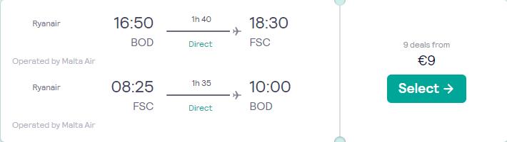 Non-stop flights from Bordeaux or Toulouse, France to Corsica from only €9 roundtrip. Flight deal ticket image.