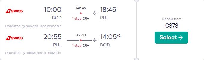 Cheap flights from Bordeaux, France to the Dominican Republic for only €378 roundtrip with Swiss International Air Lines. Flight deal ticket image.