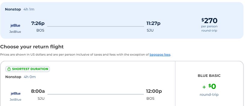 Non-stop flights from Boston to San Juan, Puerto Rico for only $270 roundtrip with JetBlue. Flight deal ticket image.