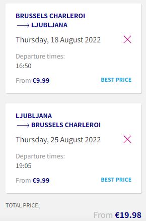 Non-stop flights from Brussels, Belgium to Ljubljana, Slovenia for only €19 roundtrip. Flight deal ticket image.