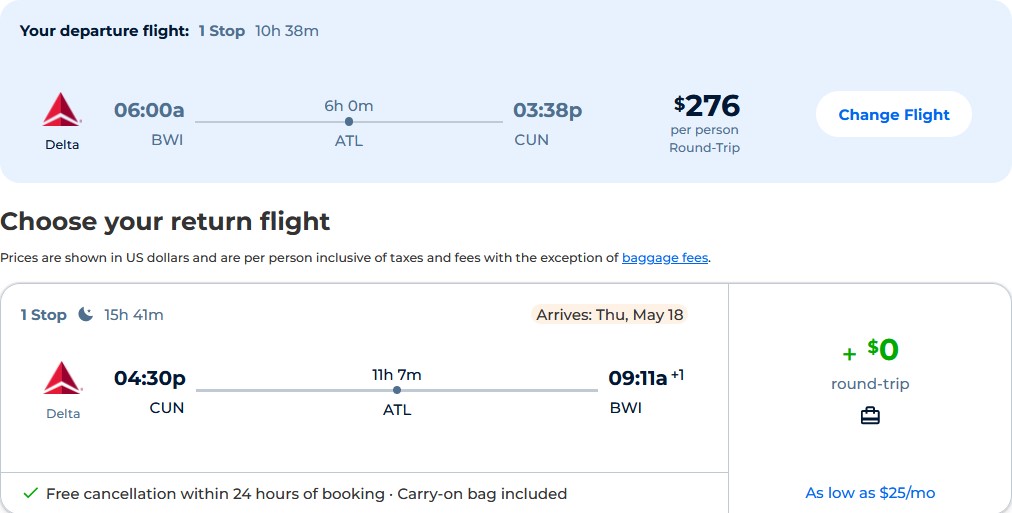 Cheap flights from Baltimore to Cancun, Mexico for only $276 roundtrip with Delta Air Lines. Flight deal ticket image.