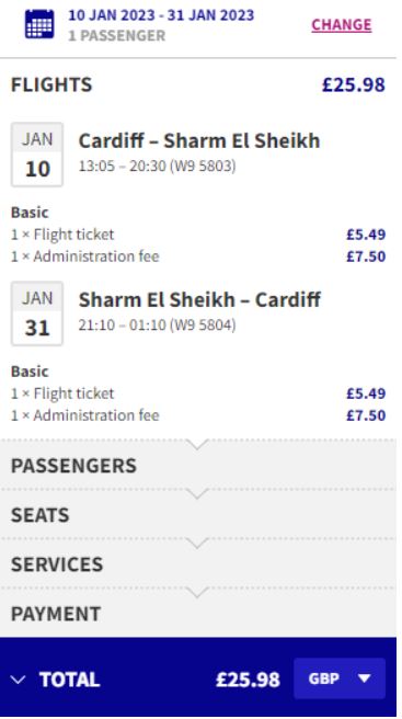 Click here to book this cheap flight deal. Non-stop flights from Cardiff, UK to Sharm el Sheikh, Egypt for only £25 roundtrip. Flight deal ticket image.