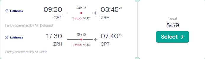 Cheap flights from Cape Town, South Africa to Zurich, Switzerland for only $479 USD roundtrip with Lufthansa and Swiss International Air Lines. Flight deal ticket image.