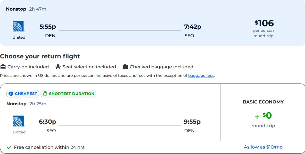 Non-stop flights from Denver, Colorado to San Francisco for only $106 roundtrip with United Airlines. Also works in reverse. Flight deal ticket image.