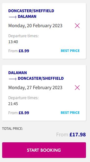 Non-stop flights from Doncaster, UK to Dalaman, Turkey for only £17 roundtrip. Flight deal ticket image.
