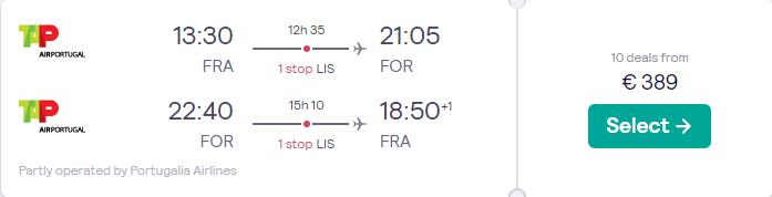 Click here to book this cheap flight deal. Cheap flights from Frankfurt or Munich, Germany to Fortaleza, Brazil from only €389 roundtrip with TAP Air Portugal. Flight deal ticket image.