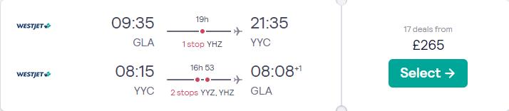 Cheap flights from Glasgow, Scotland to Canadian cities from only £265 roundtrip. Flight deal ticket image.
