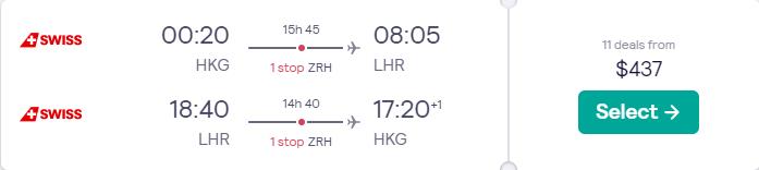 Cheap flights from Hong Kong to London, UK for only $437 USD roundtrip with Swiss International Air Lines. Flight deal ticket image.