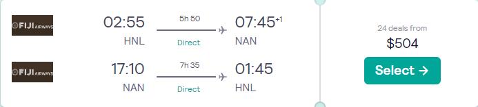 Non-stop flights from Honolulu, Hawaii to Fiji for only $504 roundtrip with Fiji Airways. Flight deal ticket image.