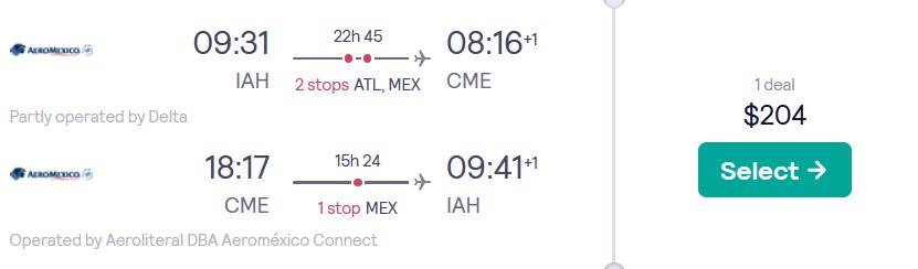 Click here to book this cheap flight deal. Summer flights from Houston, Texas to Ciudad del Carmen, Mexico for only $204 roundtrip with Delta Air Lines and Aeromexico. Flight deal ticket image.
